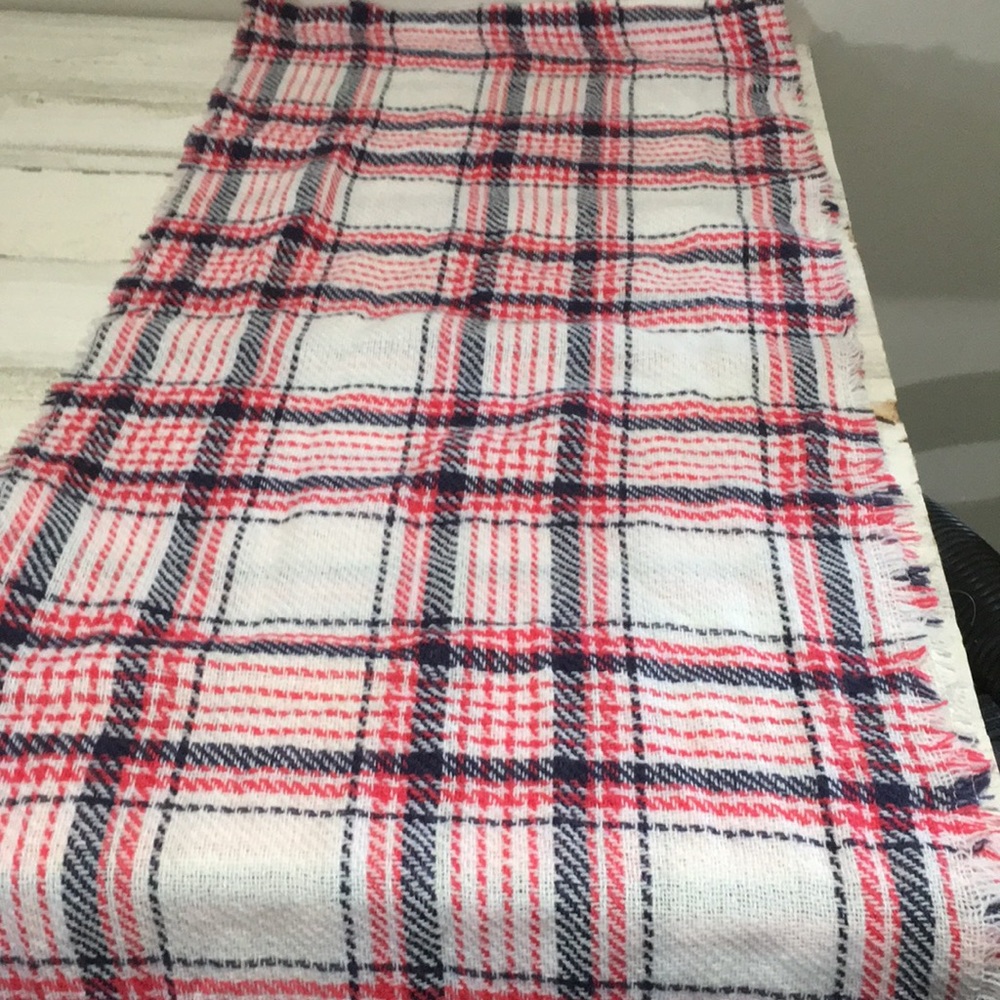 Woman’s lightweight pink navy white plaid infinity scarf with frayed edges